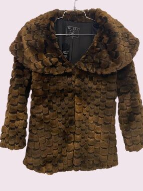 GUESS Brown Textured Faux Fur Pea Coat